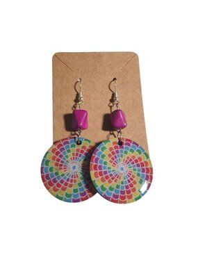 Rainbow Mandala Dangle Earrings Boho Colorful Round Polka Dot Back Purple Lightw
